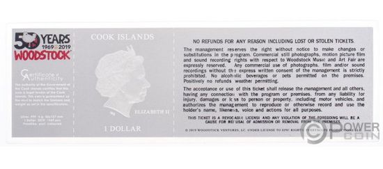 Монета-банкнота "Вудсток" ("Woodstock") Острова Кука 2019