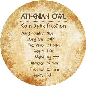 Монета «Афинская сова» Ниуэ 2019