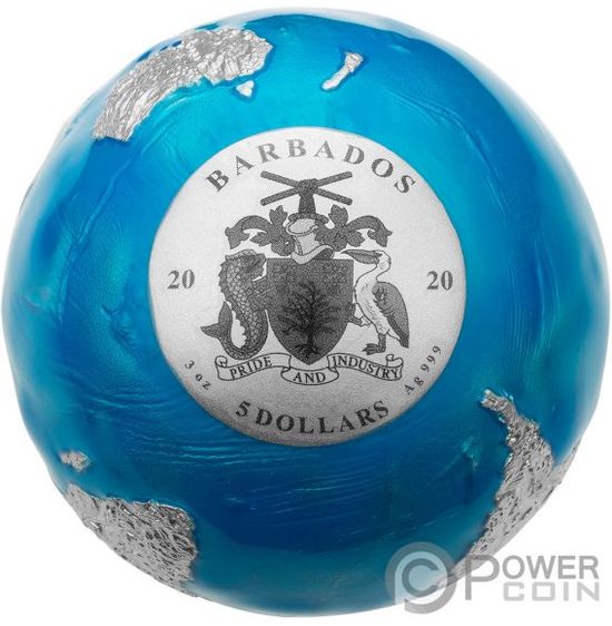 Монета-сфера «Синий мрамор. Планета Земля» («BLUE MARBLE Pianeta Terra») Барбадос 2020